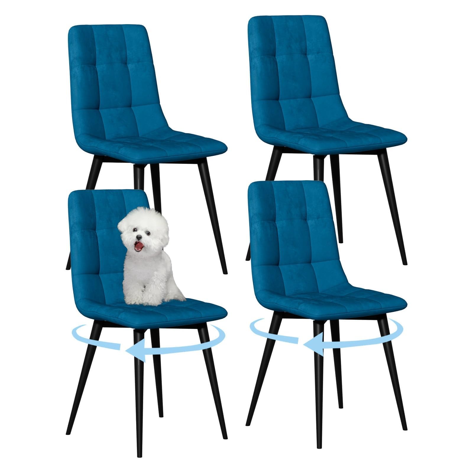 360° Swivel Dining Chairs Set of 4, Upholstered Dining Chair, Velvet Dining Chairs with Metal Frame, Modern Mid Century Kitchen Chairs, Blue Chair for Dining Room, Bedroom, Living Room, Kitchen