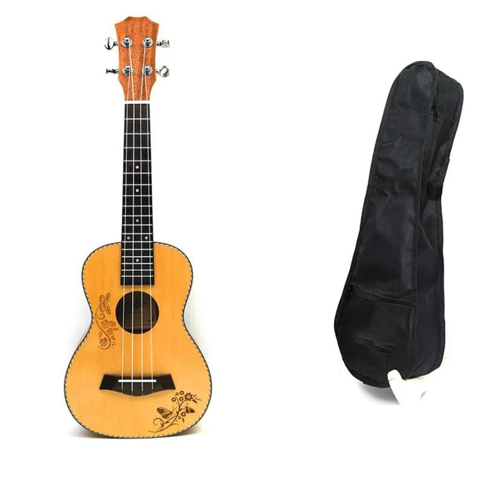 Ukulele Concert 23 Fichtendecke, Hawaiianische 4-saitige Gitarre Elektrische Ukulele, Schmetterlings-Herz-Blumenmuster(Color:Ukulele with bag)