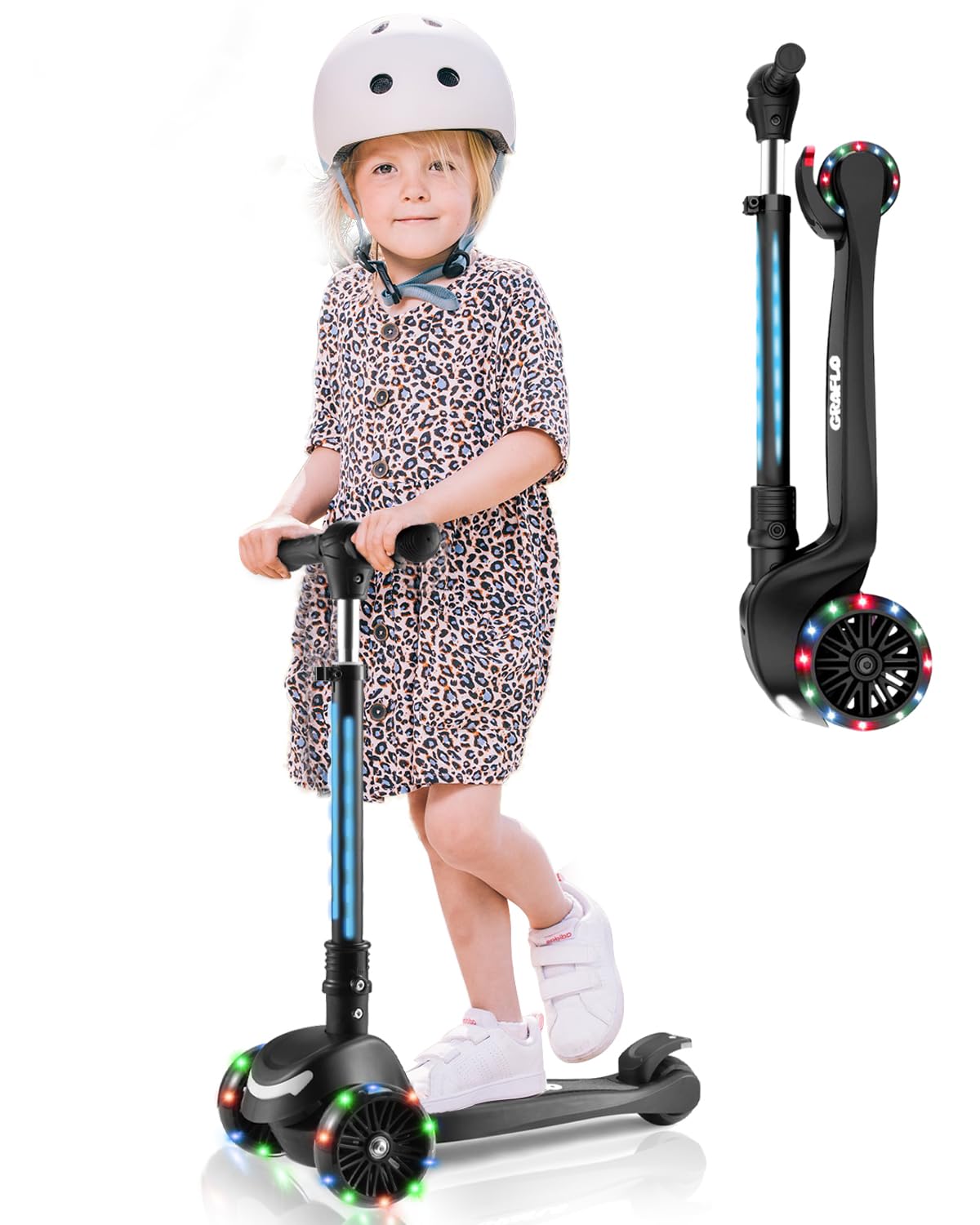GRAFLO 3 Wheels Kick Scooter with LED Lights on Stem & Wheels - Height-Adjustable Handlebar - Easy-Folding Push Scooters - Convenient Storage - Kick Scooters for Kids Hold up to 60kg (3 to 12 Years)