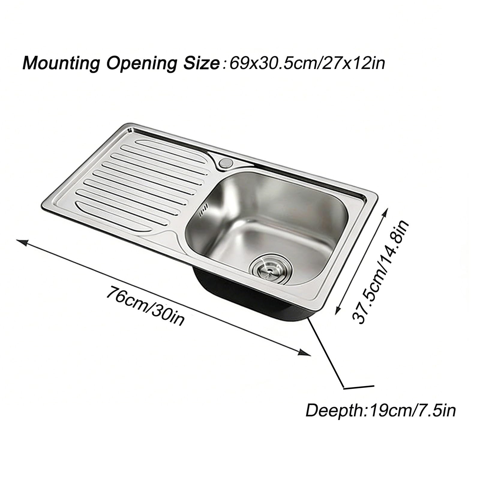 Fregadero Portatil Camping, Lavabo Caravana de Montaje Superior con Escurridor, de Acero Inoxidable de Una Sola Cubeta, Apto para Cocina, Bar y Caravana(76x37.5x19cm/30x14.8x7.5in)