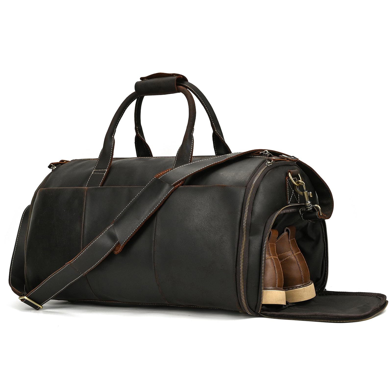 Full-grain Leather Garment Bag Large Capacity Travel Bag Business Suit Carrier Bag with Shoe Compartment Overnight Gym Sports