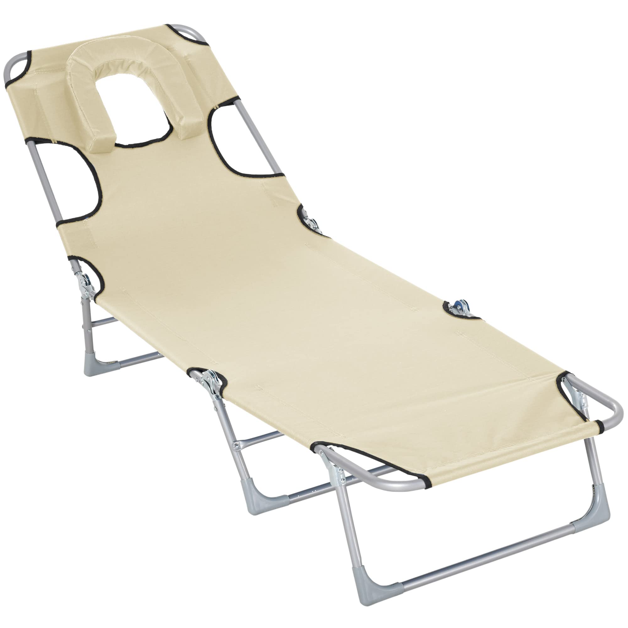 Outsunny Tumbona Reclinable y Plegable de Jardín con Orificio de Lectura Reposacabezas y Respaldo Ajustable en 5 Niveles para Playa 182x56x28 cm Beige