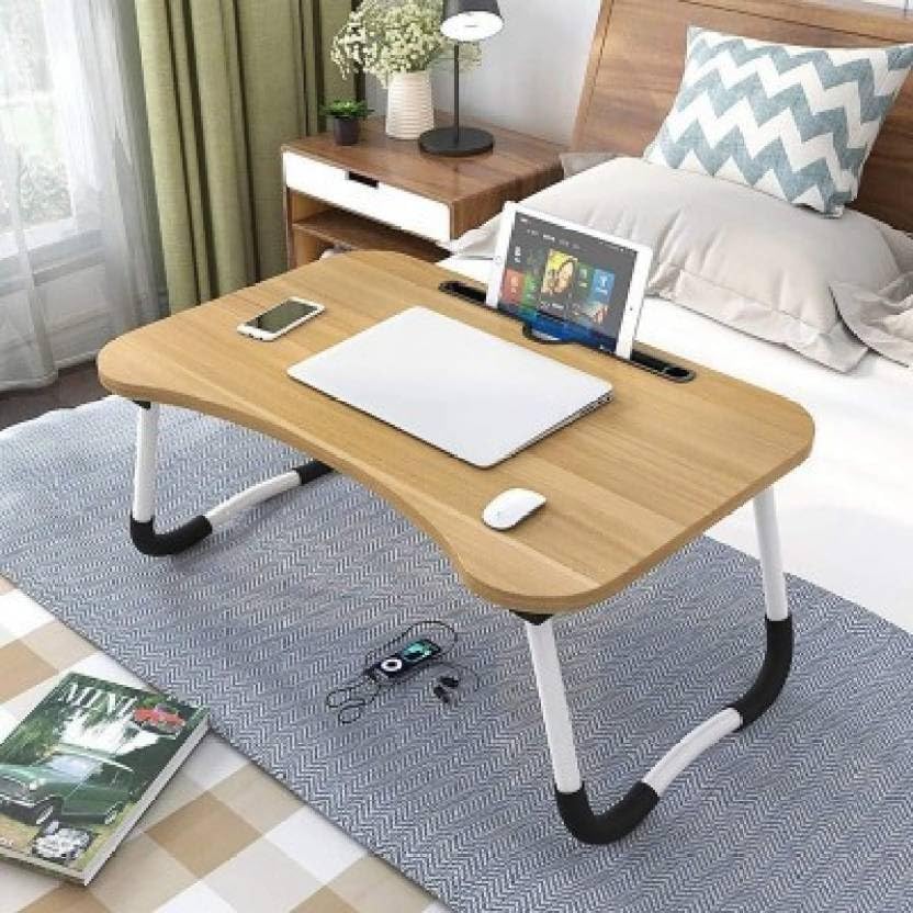 Image of YAJNAS Beige Wooden Multipurpose Foldable Laptop Table with Cup & Tab Holder | Study, Breakfast, Work Table | 380 mm
