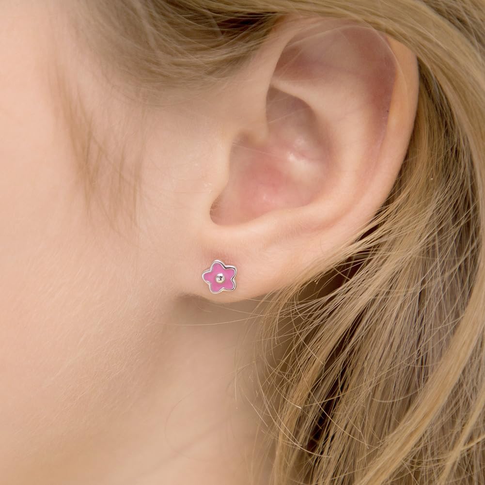 925 Sterling Silver Little Girl's 6mm Pink Enamel Flower Shaped Screw Back Locking Earrings for Toddlers & Pre Teens Playful and Formal Outfits, Daily and Occasional Use - Image 3