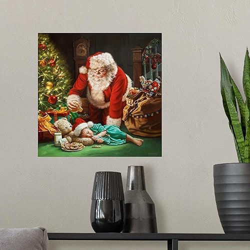 Miniatura 3 de CANVAS ON DEMAND Vinilo decorativo para pared de Papá Noel, Jolly Old Saint Nick Reaches Over Sleeping Child por árbol de Navidad iluminado, obra de