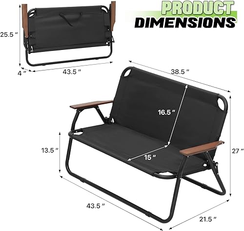 Miniatura 3 de Magshion Silla de campamento de doble asiento de 39 pulgadas, soporta 330 libras para adultos, silla plegable de alta resistencia para 2 personas,