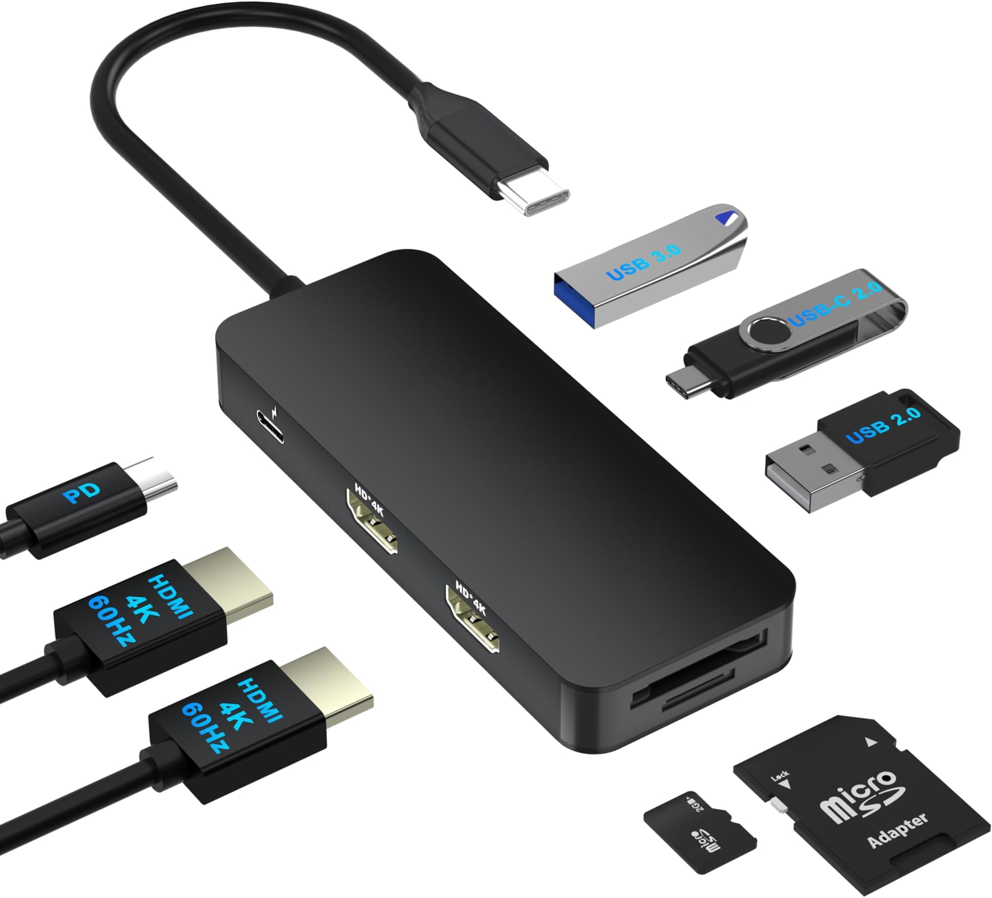 Laptop Docking Station Dual Monitor for Dell/HP/Lenovo/Mac, HDMI Splitter for Dual Monitors Extended Display, Dual Monitor Adapter 4K@60hz, USB C Docking Station for Laptop with HDMI/USB/PD/SD/TF