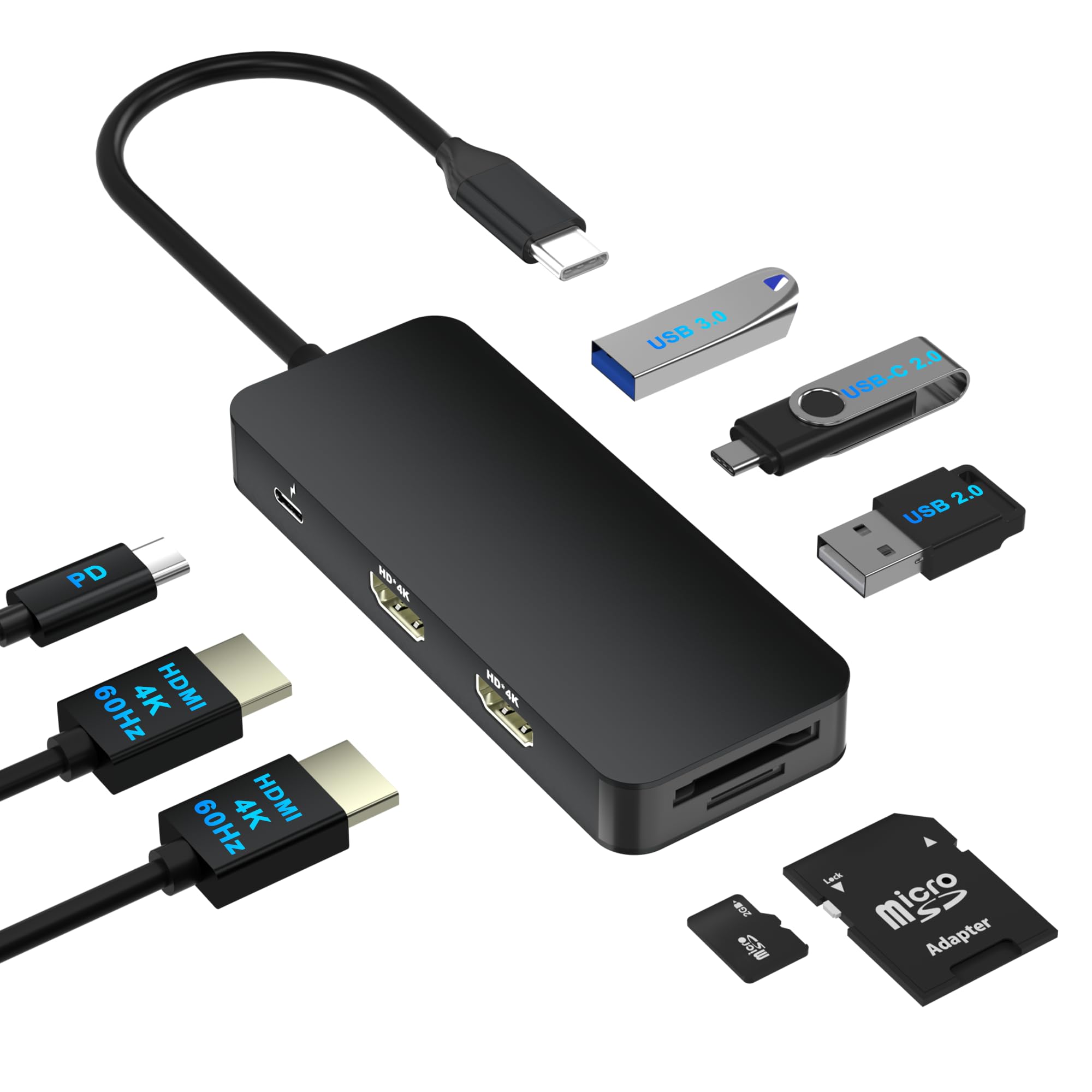 Docking Station 2 HDMI 8-IN-1 USB C Hub, Supports 4K and 60Hz, Dual HDMI Expansion, USB-A, USB-C Fast Data Transfer, PD 100W Fast Charging, SD & TF Card, Type-c HDMI Splitter, Support Extended Mode