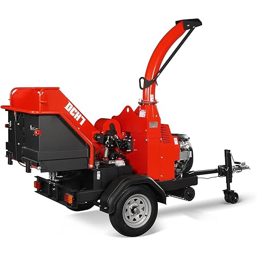 7'' inch ZONSEN 750cc 25hp Twin Cylinder E-Start Gas Powered Engine Hydraulic Feeding Wood Chipper Shredder Mulcher with Towbar/Tail Light/Emergency Stop Bar,Model DCH7 Red