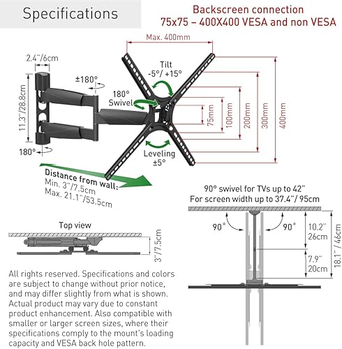 Miniatura 9 de Barkan Soporte de pared para TV, articulado de movimiento completo de 13 a 65 pulgadas, soporte de pantalla plana  curva de 4 movimientos, hasta 80