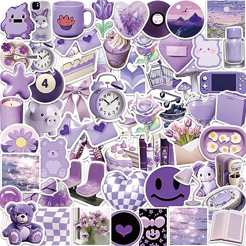 Yoksas 56Pcs Kawaii Purple Stickers - Vinyl Waterproof Aesthetics Cute Girls Decal for Water Bottles Scrapbook Laptops Tumbler Phone Luggage