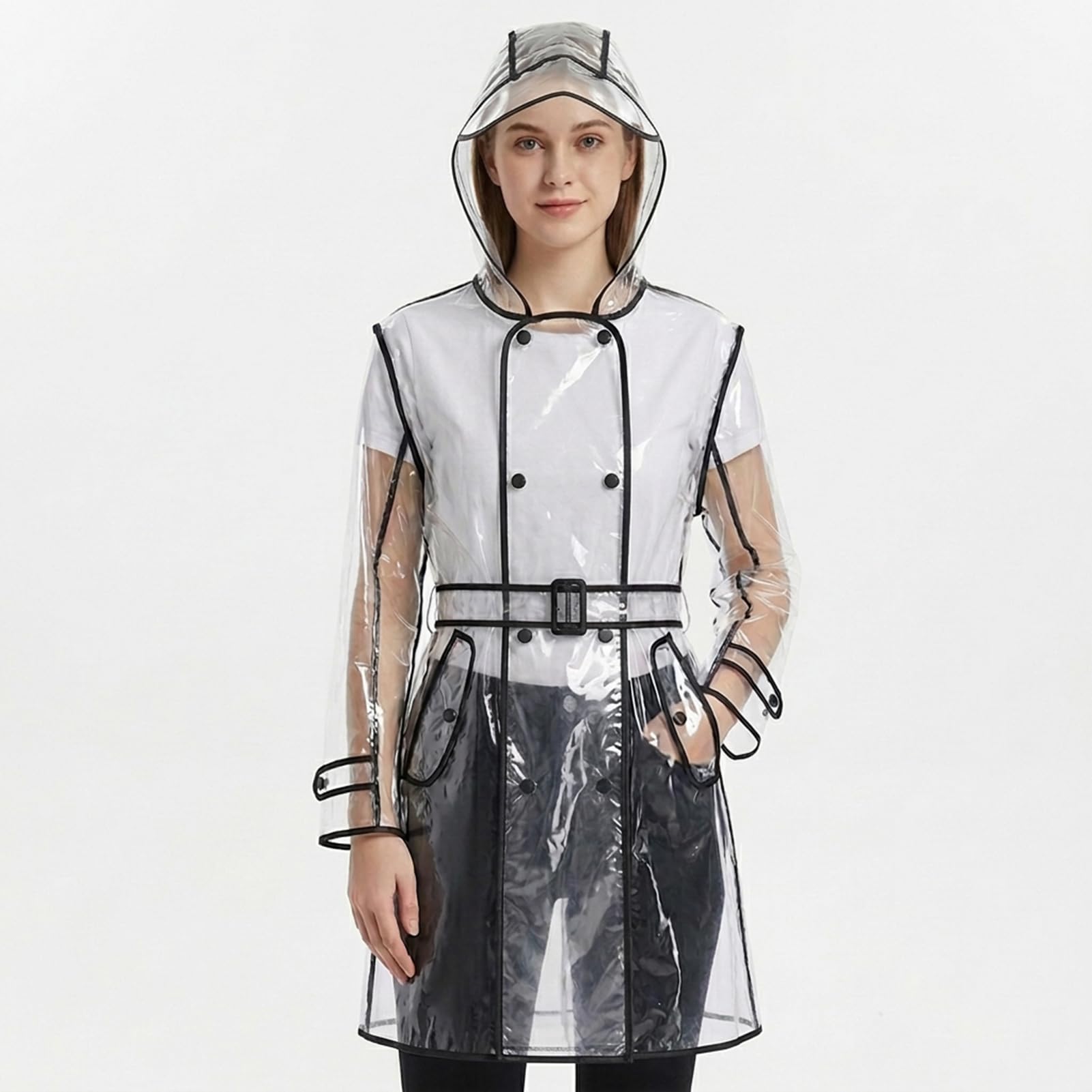 Manteau de pluie portable imperméable pour femme,Poncho transparent et réutilisable résistant à la pluie avec capuche et ceinture pour veste de pluie en plein air, transparent, Taille Unique