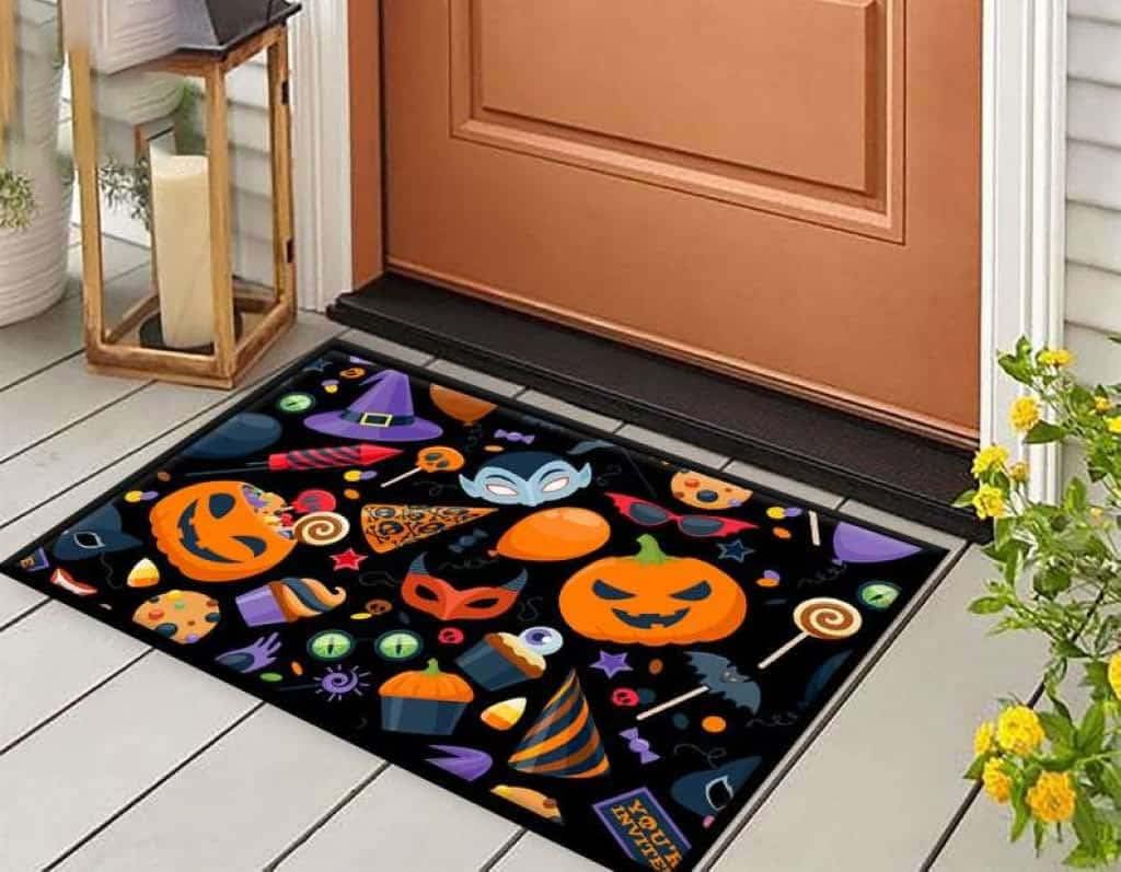 Paillasson extérieur entrée Halloween citrouille et bonbons pour accueillir vos invités