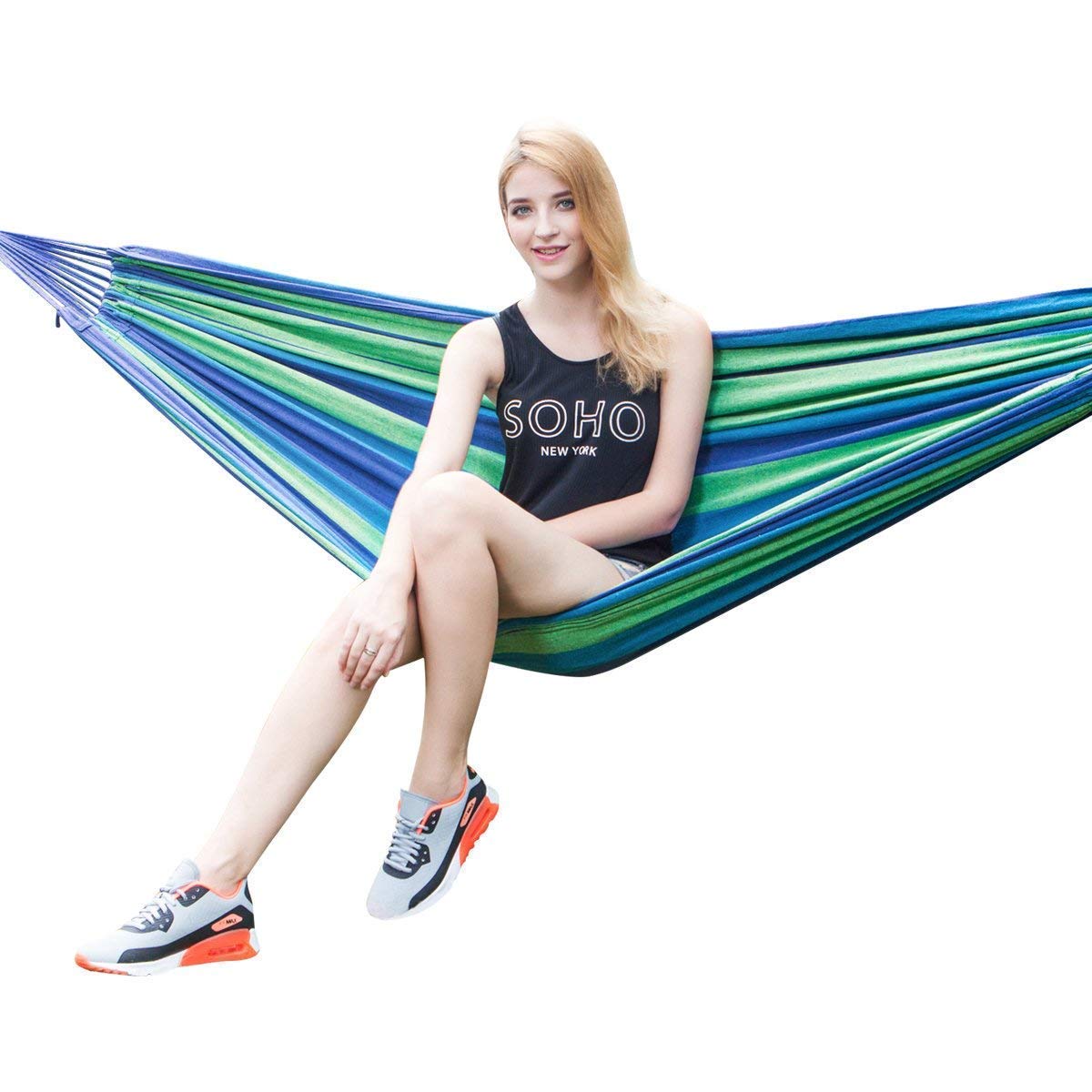 REIL RAID Outdoor Camping Canvas Fabric Portable Garden Hammocks Striped Ultralight Outdoor Beach Swing Bed with Strong Rope,Swing for Garden (280 X 80, Blue)-image-27