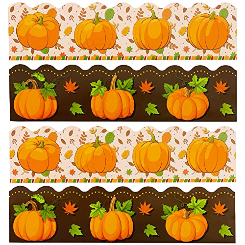 Whaline 68Ft Fall Bulletin Border Sticker 60Pcs Autumn Leaves Pumpkin Wave Board Borders 2 Style Self-Adhesive Blackboard Border Fall Border Trim for School Classroom Wall Thanksgiving Party Decor