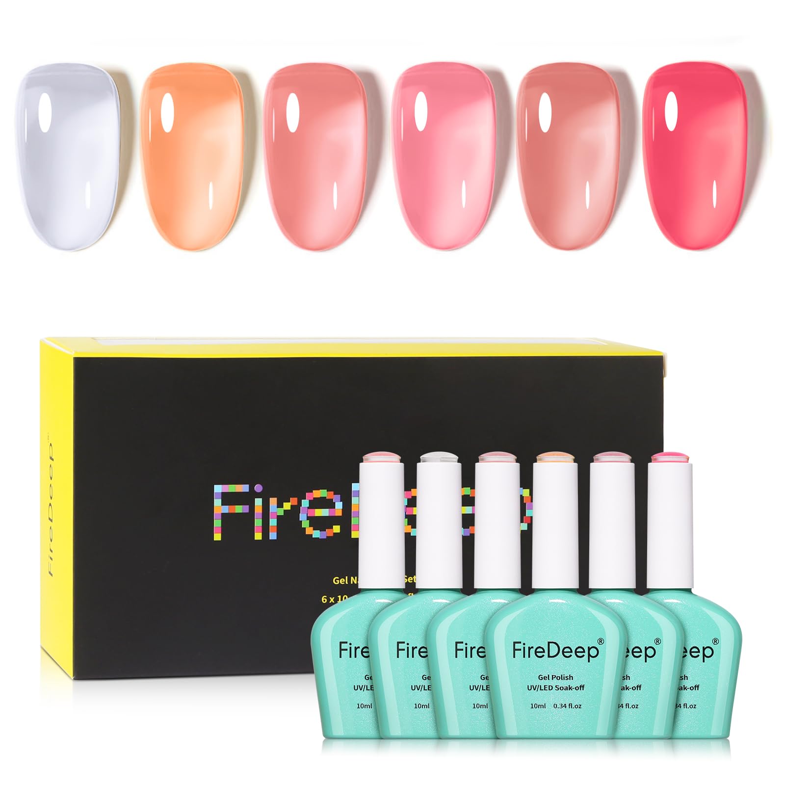 Firedeep Set Smalto Gel 10ml Senza HEMA 6 Colori Tonalità Nude Gel Trasparente Jelly Bianco Latte Rosa Beige Corallo Soak Off LED UV Manicure Professionale per Nail Art Fai Da Te e Saloni