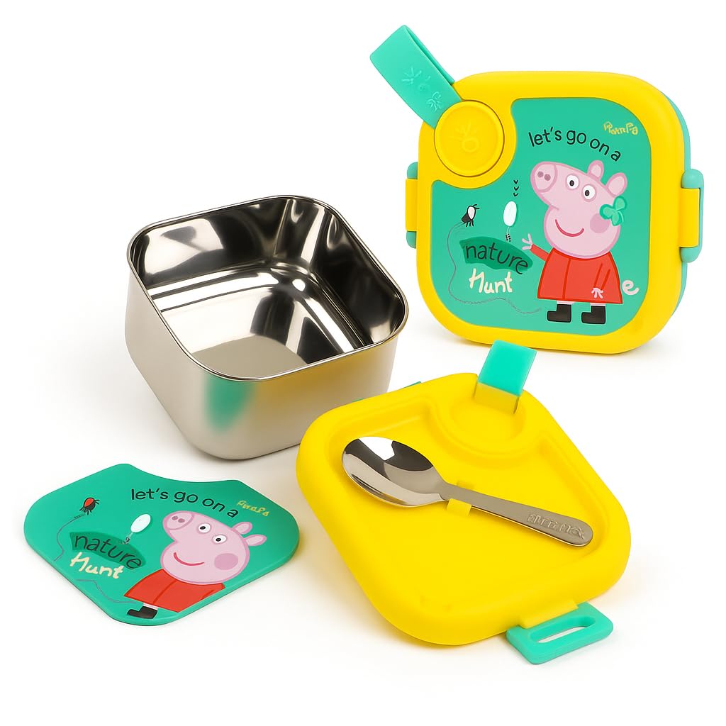 rabitat Peppa Pig LUNCHMATE Mini Stainless Steel Lunch Box Go Green 500 ml - 2 Years Brand Warranty | Tiffin Box for Kids | Steel Lunch Box for School Girls and Boys