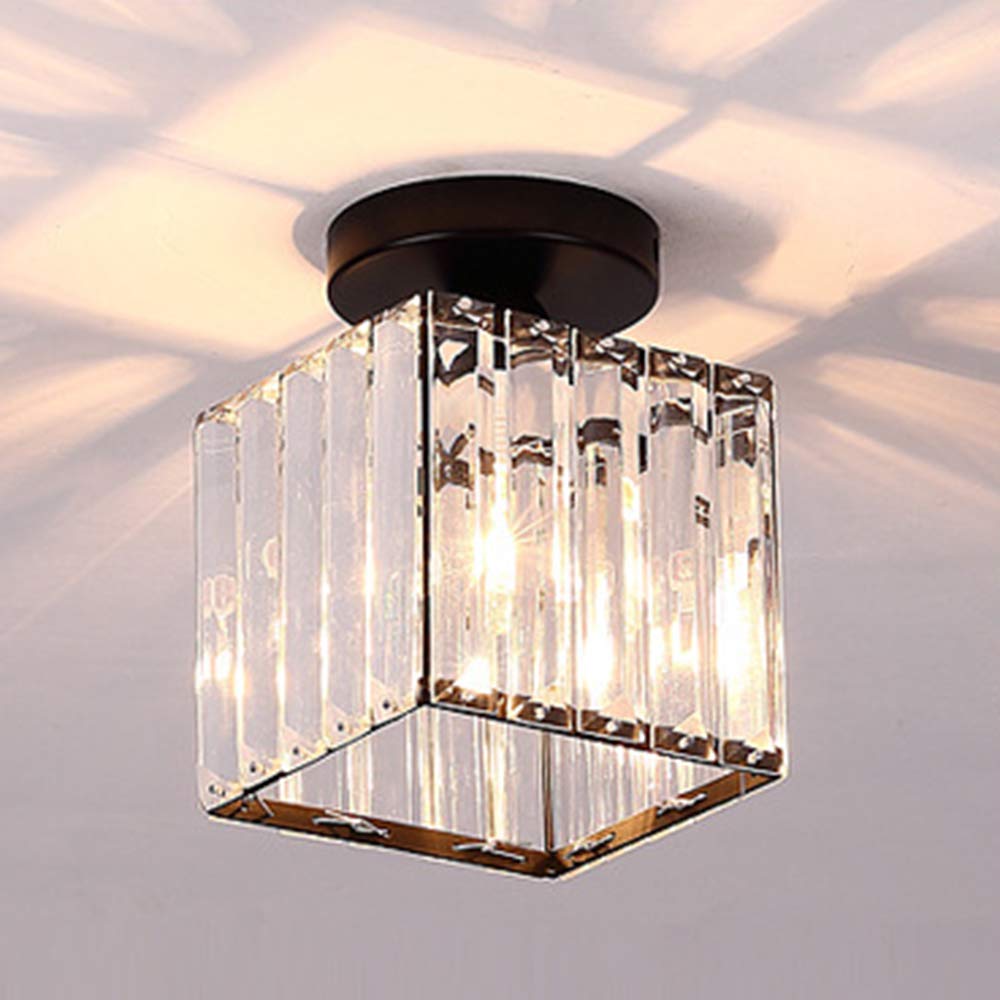 Crystal Ceiling Light, Crystal Chandelier Metal Modern LED Ceiling Light Pendant Fixture Lighting E27 Mini Chandelier Semi Flush Mount for Kitchen Dining Room Bedroom Hallway Bedroom (Black square)