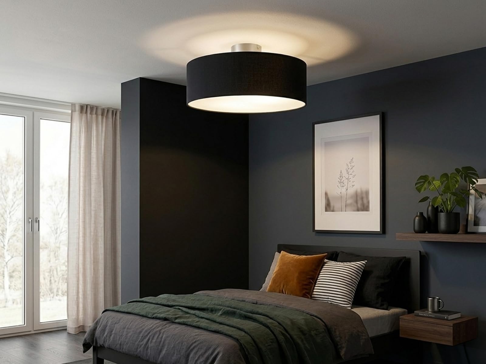 meineWunschleuchte Decken-Leuchte Stoff in Schwarz | Ø 40cm, 3x E14, Schirm rund, Satinierte Abdeckung, Blendfreies Licht, für Schlafzimmer & Wohnzimmer