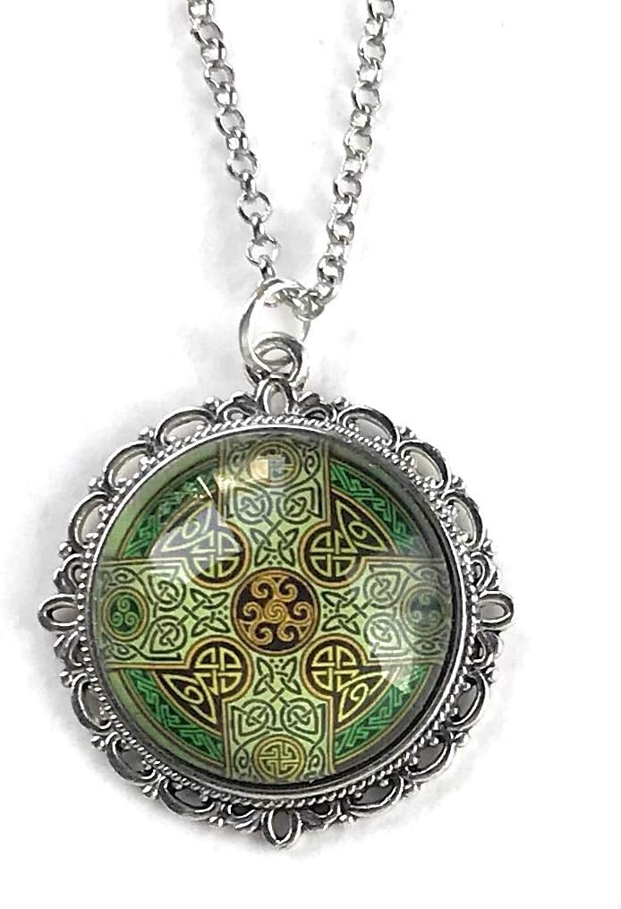 Fern & Filigree Celtic Cross Necklace and Earring Set - Pendant Jewelry Gift for Women - Green and Yellow