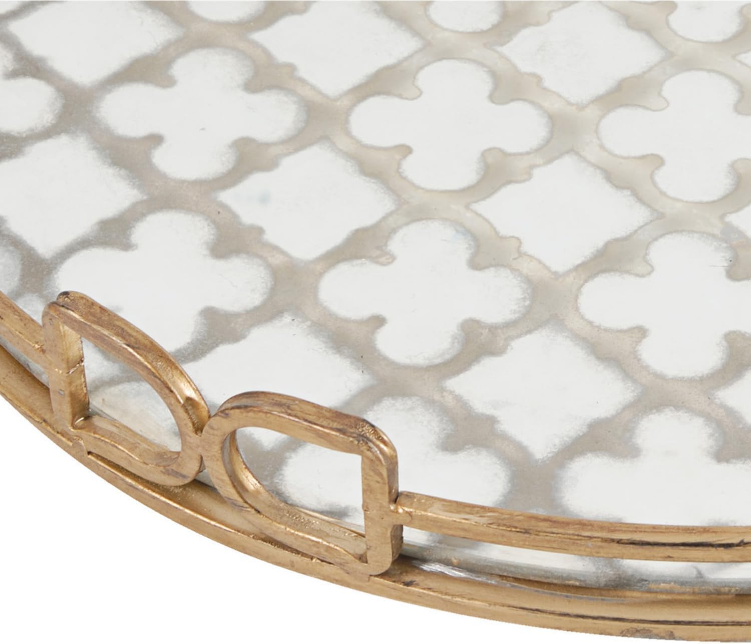 Elegante Bandeja Decorativa Art Nouveau De 45 Cm con Base De Cristal Y Marco Geométrico Dorado: Una Elegante Bandeja Redonda para Servir, Ideal para La Decoración del Hogar O como Centro De Mesa.