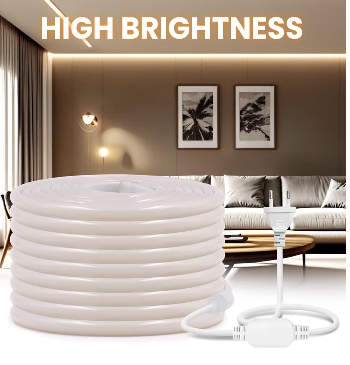 Tira LED 100 METROS 230V, Luz Cálida 3000K, IP65 | No necesita fuente de alimentación, 288 LEDs/m, Impermeable,exterior, Cortable cada 50 cm, Incluye Cable