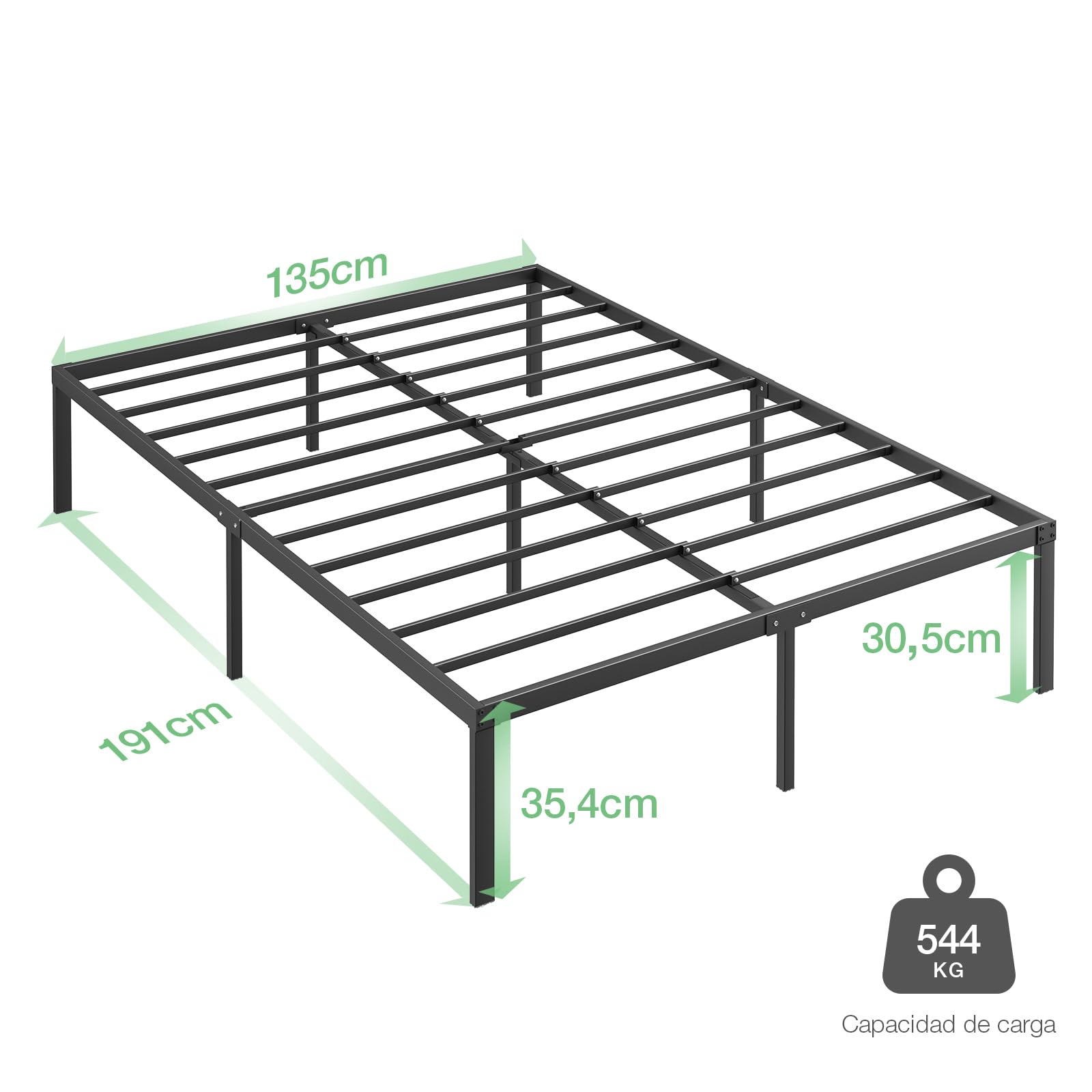 Novilla Somier 135 x 190 metálico, Altura 30,5 cm, Estructura Cama 135x190con Patas, metálica Incluye un somier de láminas metálicas y Tiene, Negro