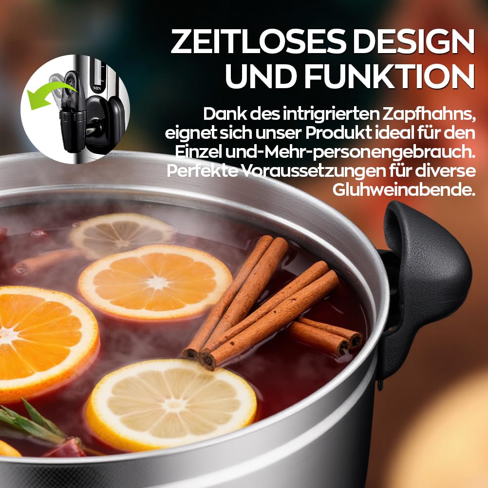 Glühweinkocher 8L Edelstahl 1800W Einkochautomat Zapfhahn Thermostat Heißgetränkespender 30-110°C