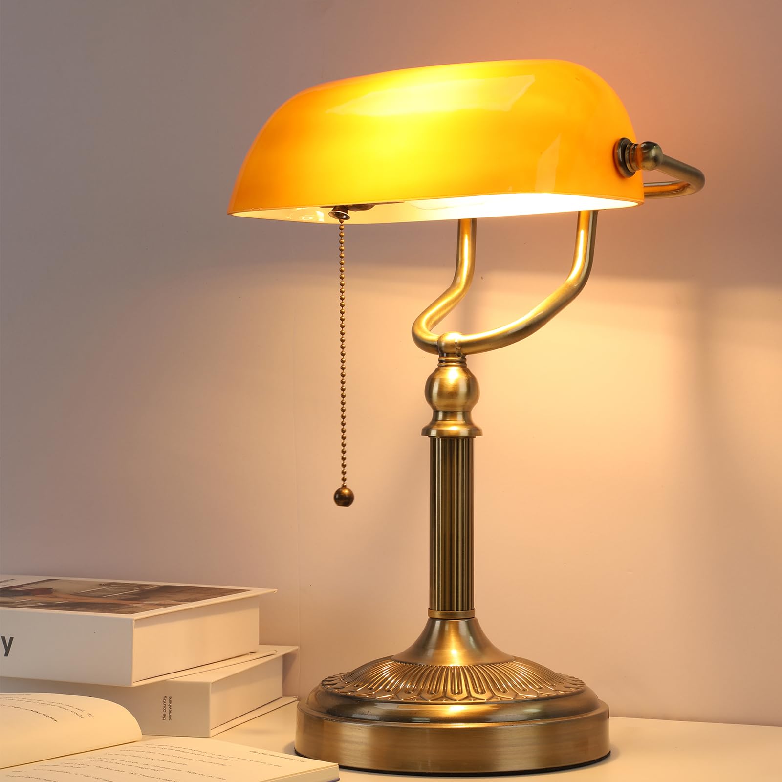 NISSAFORS Bankers Desk Lamp, Amber Glass Shade, Vintage Desk