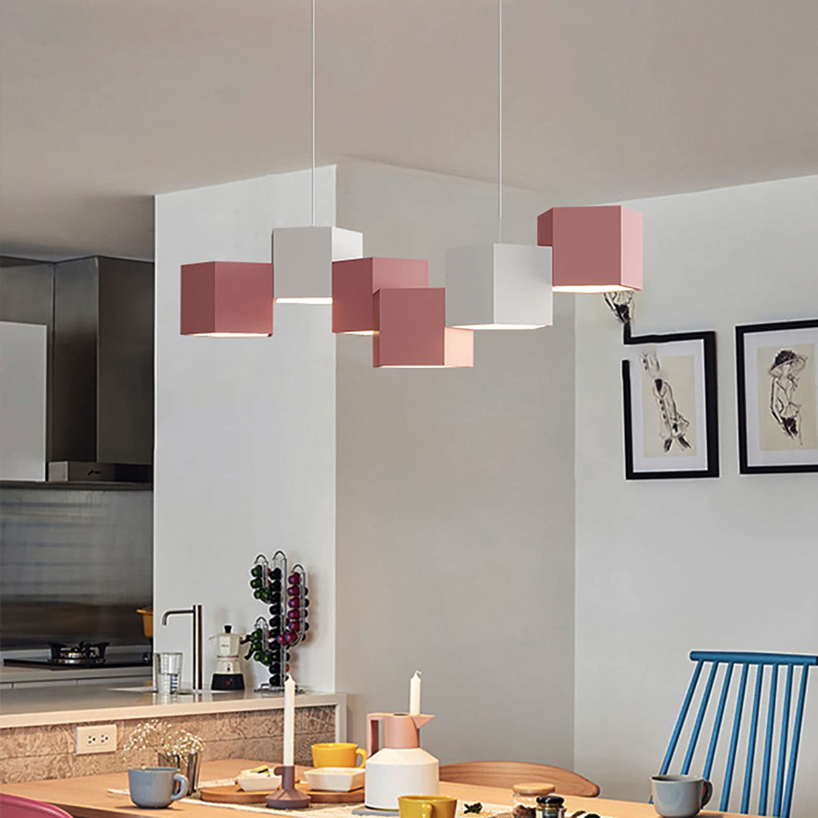 chandelier LED Hanging Light Fixture for Dining Room Office Livingroom,Modern Cube Dimmable LED Pendant Light 6 Lights,Contemporary Geometric Chandelier-Pink White 80x42x70cm(31x17x28inch) lamp