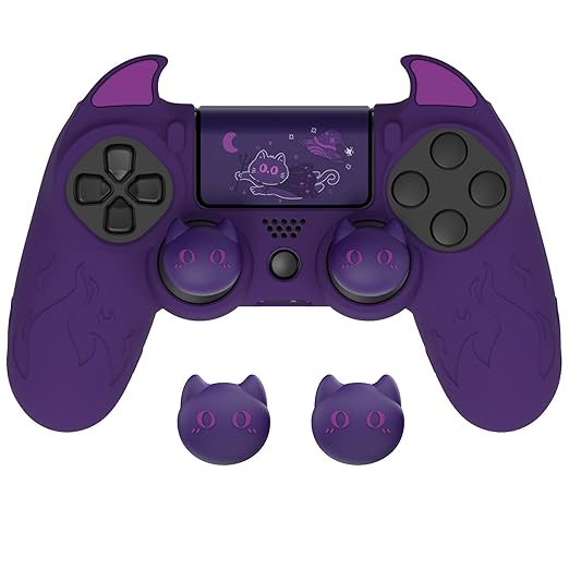 PlayVital Cute Demon Controller Skin for ps4 with Thumb Grips & Stickers, Kawaii Anti-Slip Silicone Controller Cover Grip Protector for ps4 Slim/Pro Controller - Purple