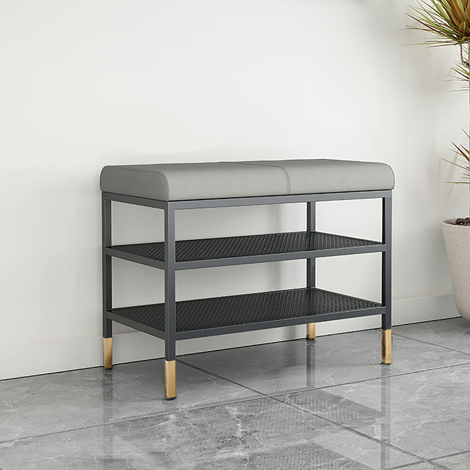 Meuble à chaussures pour couloir et entrée avec banc rembourré en métal noir style luxueux