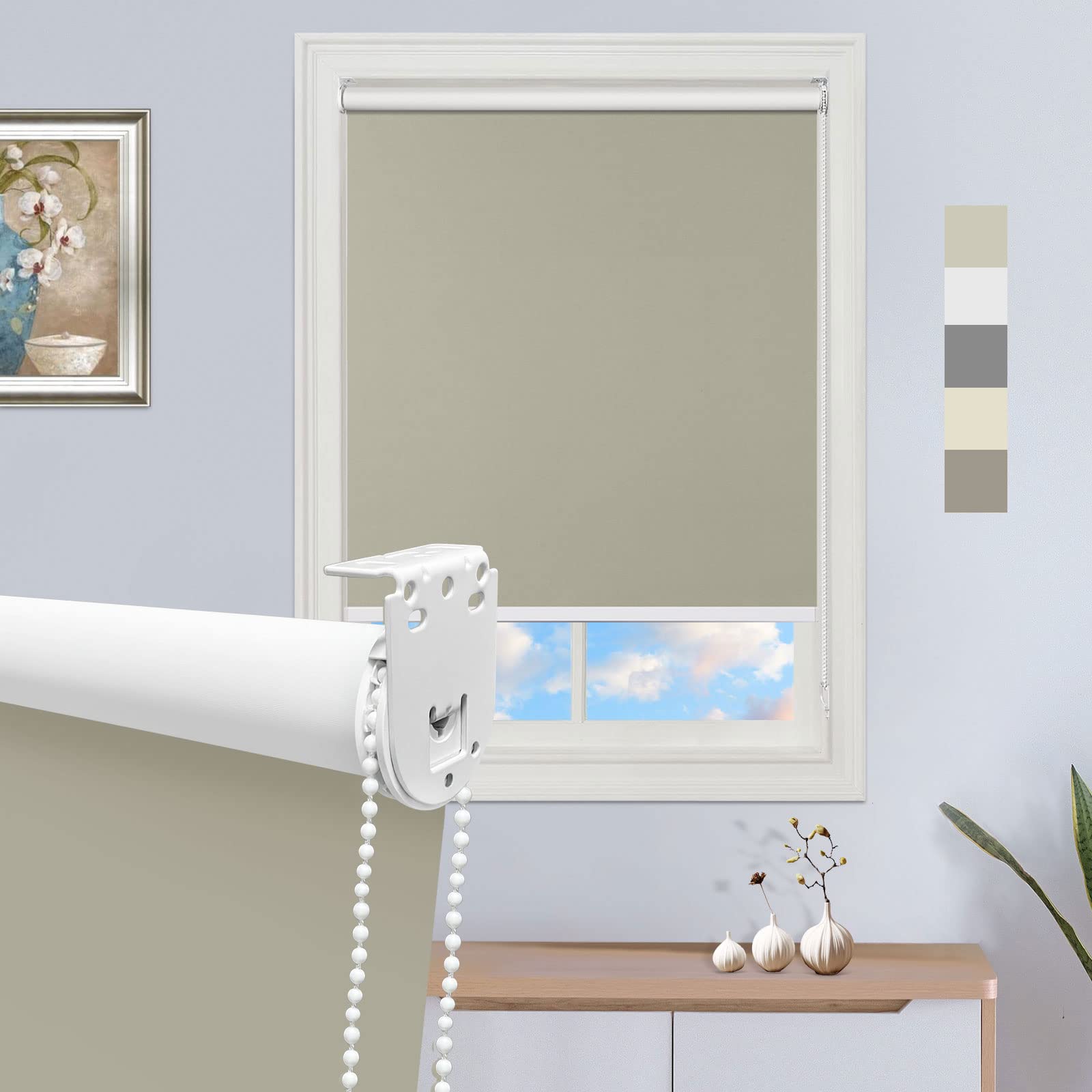 Moonice Roller Blinds Blackout Waterproof Window Blinds Thermal Privacy Roller Shades for Home Easy Fit UV Protection Shades for Bedroom Kitchen Office Door Beige, 115cm W x 150cm H