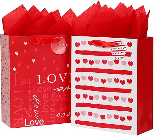 Vammy Bolsa de regalo grande de San Valentín de 13 pulgadas con papel de seda, paquete de 2 bolsas de regalo de papel (amor, corazón) para el día de