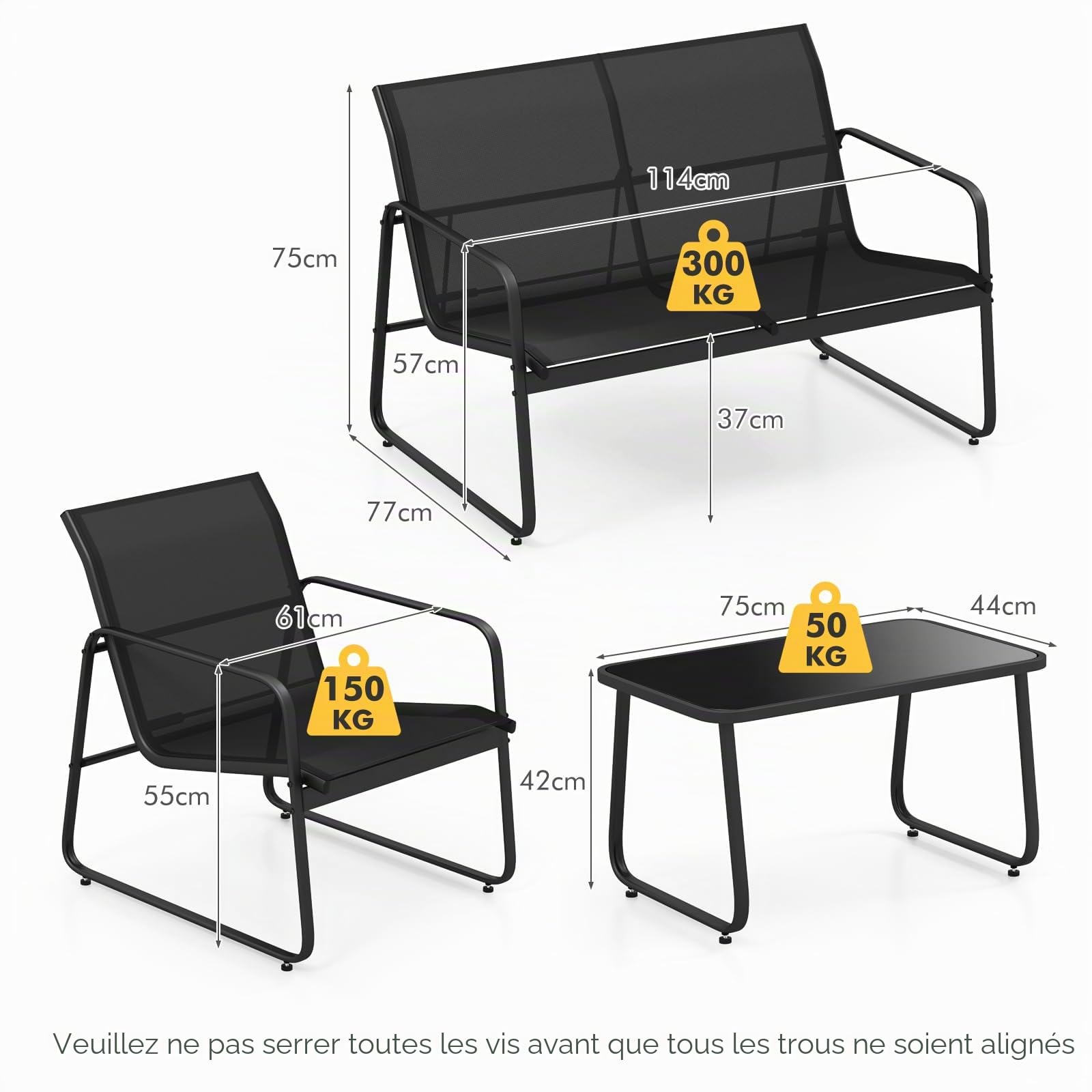 KOMFOTTEU Ensemble de Salon de Jardin 4 Pièces pour 4 Personnes, Set de Meubles de Jardin, avec 2 Fauteuils, 1 Canapé et 1 Table Basse, Mobilier d’Extérieur, Noir, pour Cour, Patio, Terrasse