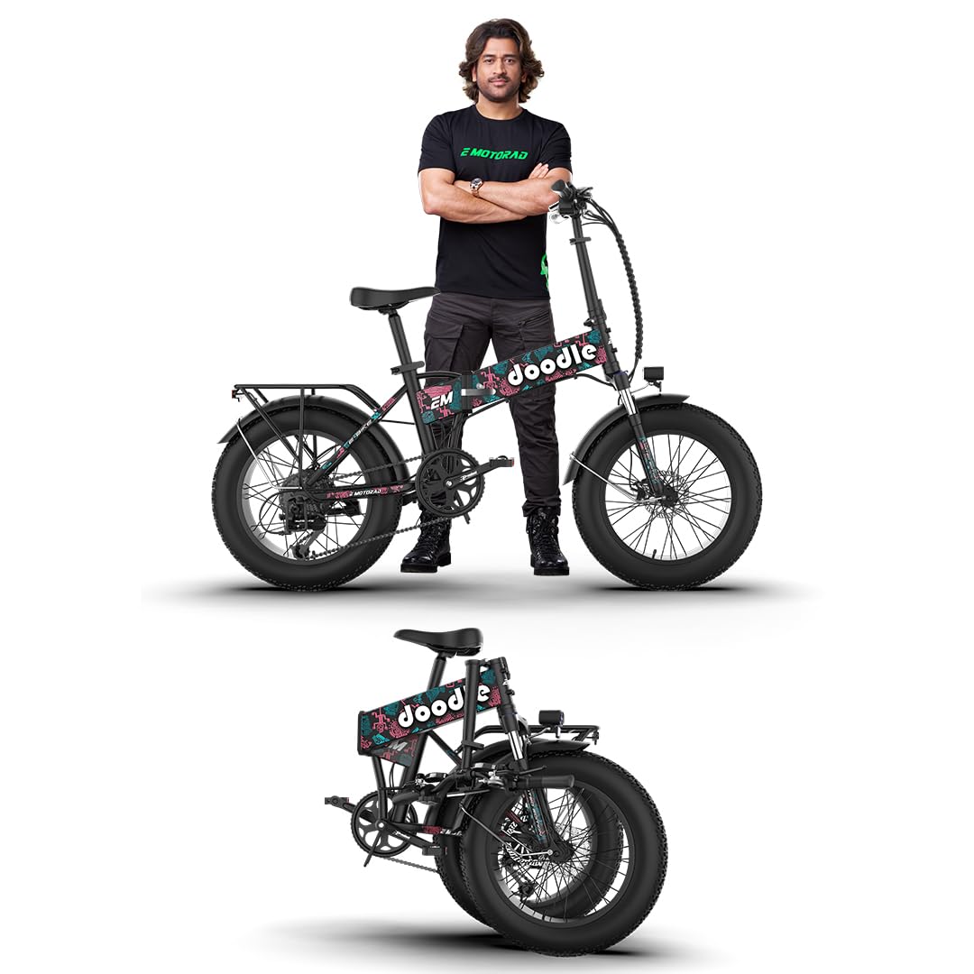 EMotorad Doodle Pro Fat-Tire Foldable Electric Mountain Bike – 250W Rear Hub Motor, 12.75Ah Removable Li-ion Battery, C6+ Display, Front/Rear Lights with Side Indicators (Doodle Pro, Native Pop)