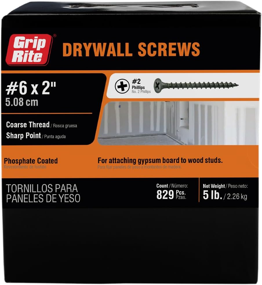 Grip-Rite 2CDWS5 #6 x 2" Coarse Thread Drywall Screws, 5lb Box (875 Screws) - Bugle Head Phillips for Wood Studs