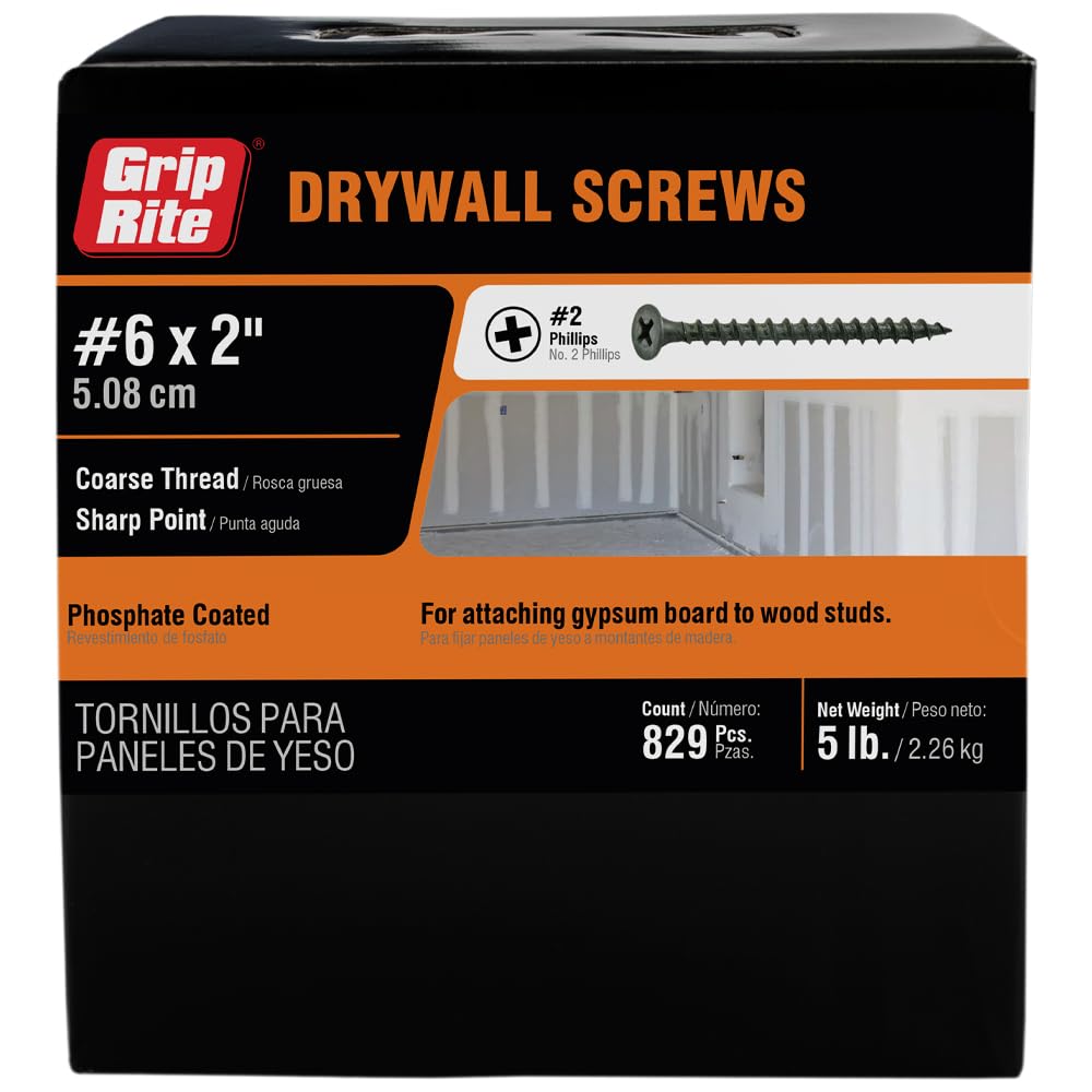 Grip-Rite 2CDWS5 #6 X 2" Phillips Bugle Head Coarse Thread Sharp Point Drywall Screw, 5lb Box