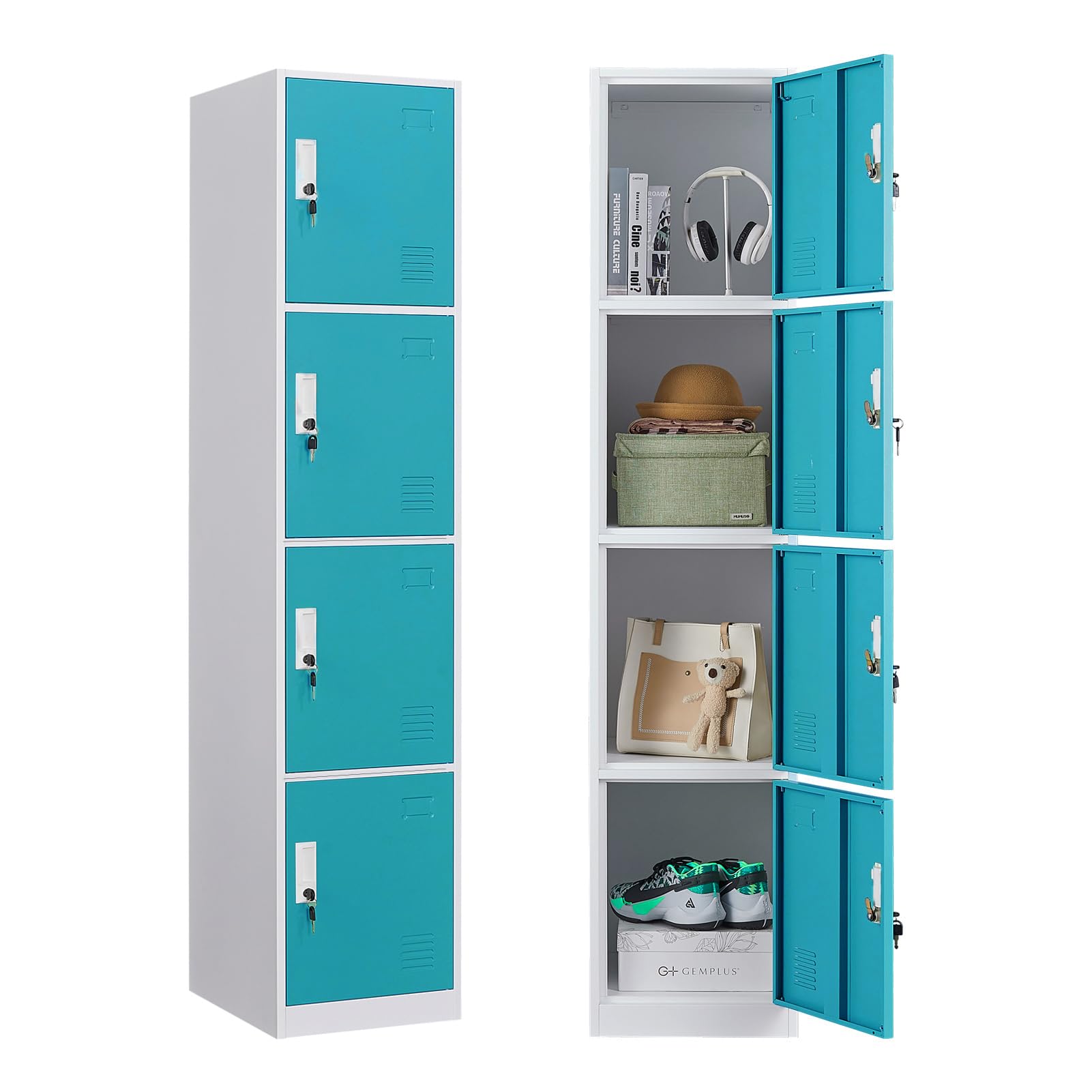 WTRAVEL Locker Steel Storage Cabinet, 4-Tier Storage Locker for Gym School Office, Metal Lockers for Employees with Keys (4 Tiers, Sky-Blue)