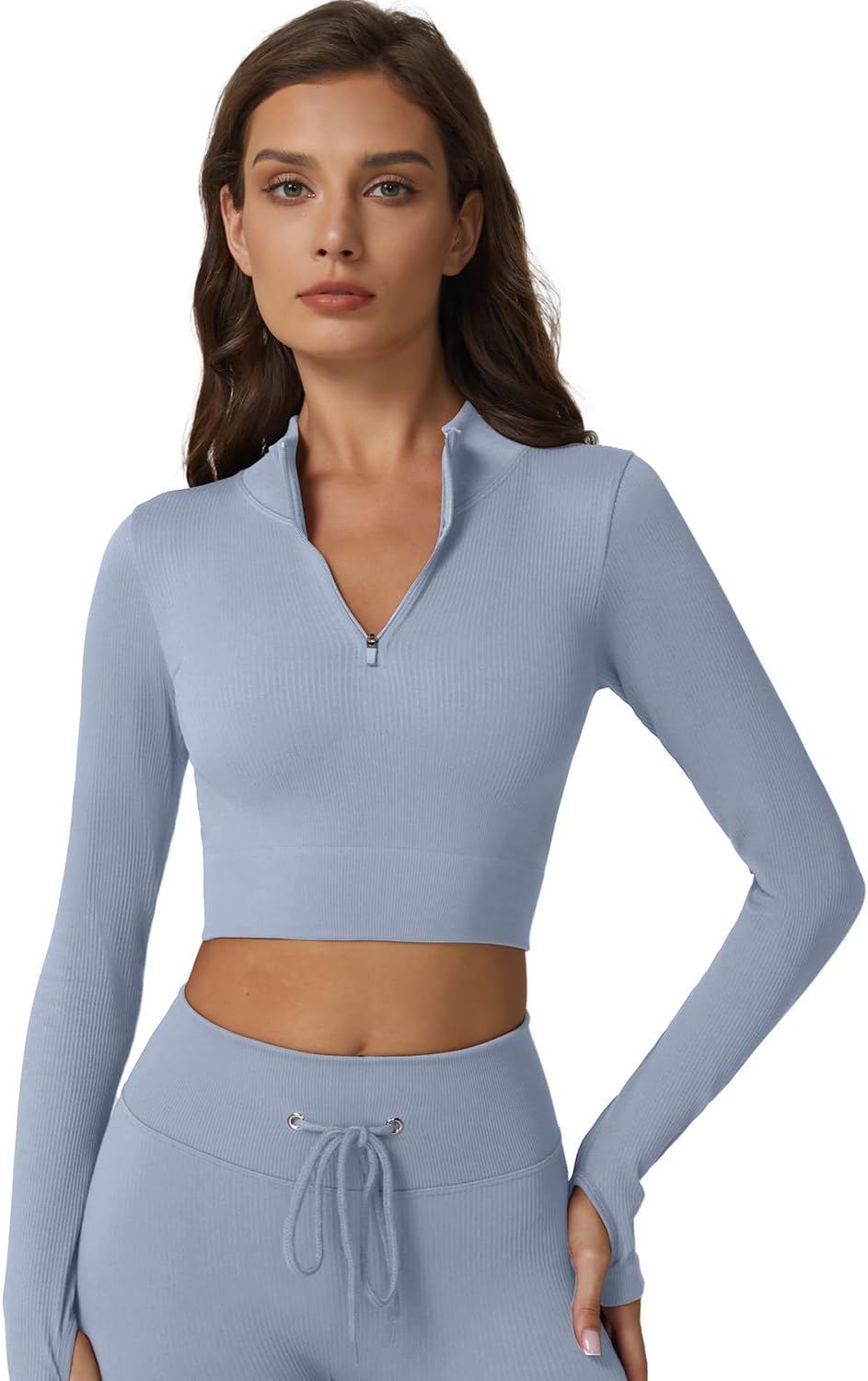 QINSEN Workout Sets for Women 2 Piece Seamless Long Sleeve Crop Tops Ribbed High Waist Leggings - Image 5