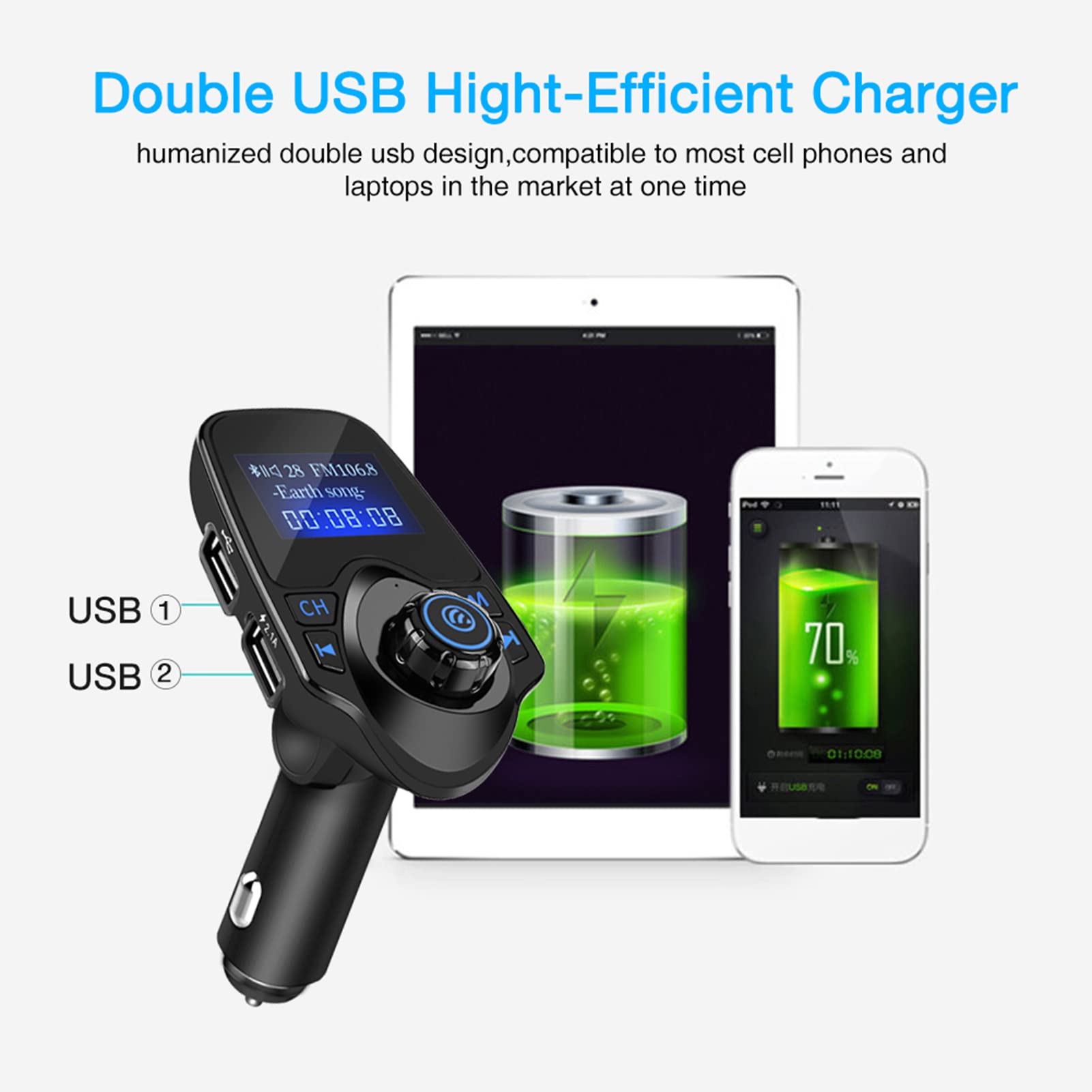 T11 Trasmettitore FM Bluetooth Auto Wireless Kit Vivavoce MP3 Player con Ricarica USB 5V 2.1A AUX In Out per Chiamate Musica Guida Quotidiana