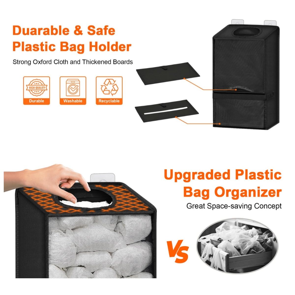 Organizador de bolsas de malla extragrande 2 en 1, dispensador de bolsas de basura, organizador de almacenamiento colgante sin taladrar para bolsas de plástico, soporte para bolsas de comestibles con