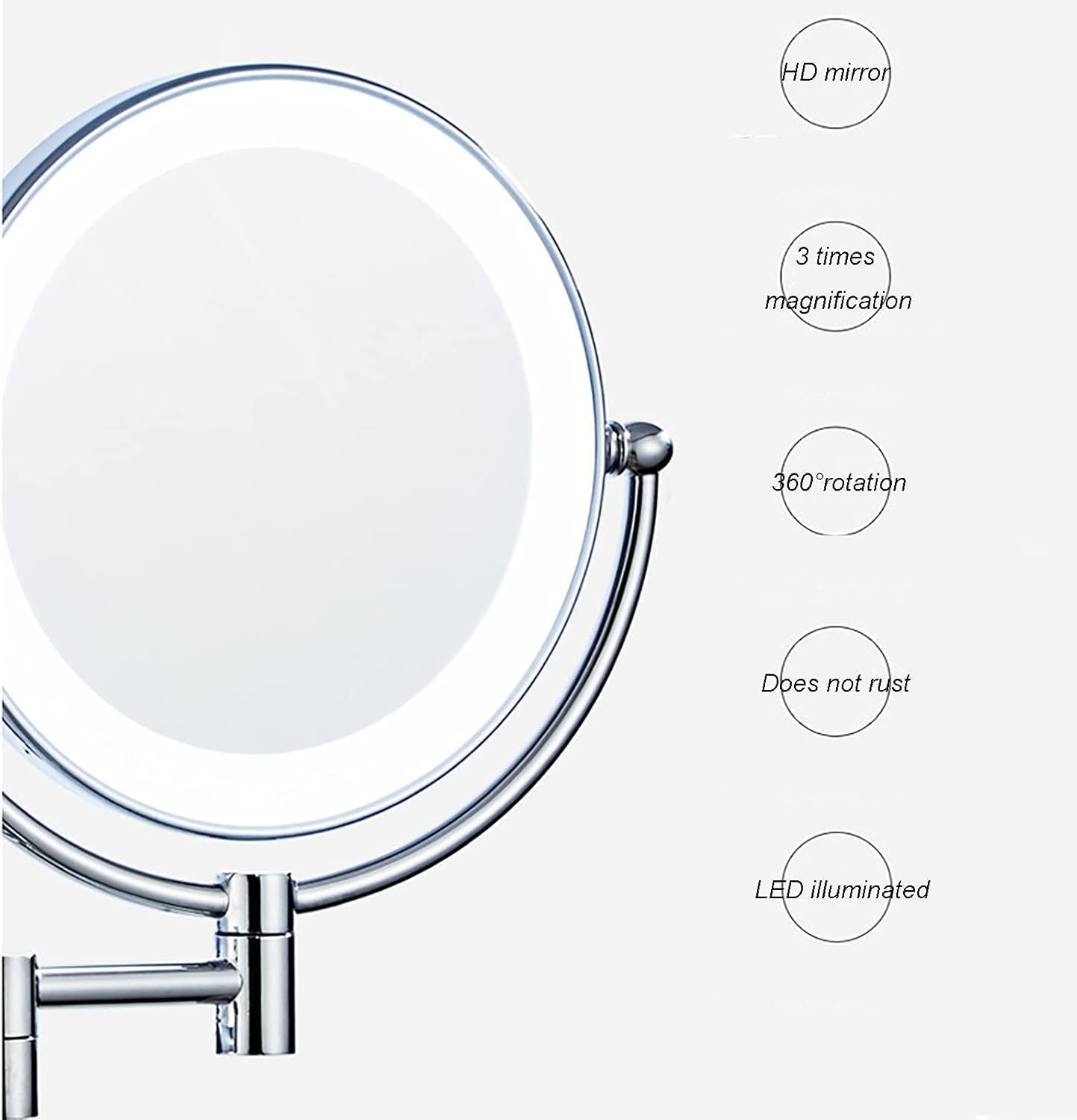 バスルームリーディングミラー、8インチダブルグラス、LED拡張ミラー、7X拡張ミラー、壁掛けメイクアップミラー、360度回転バスルー