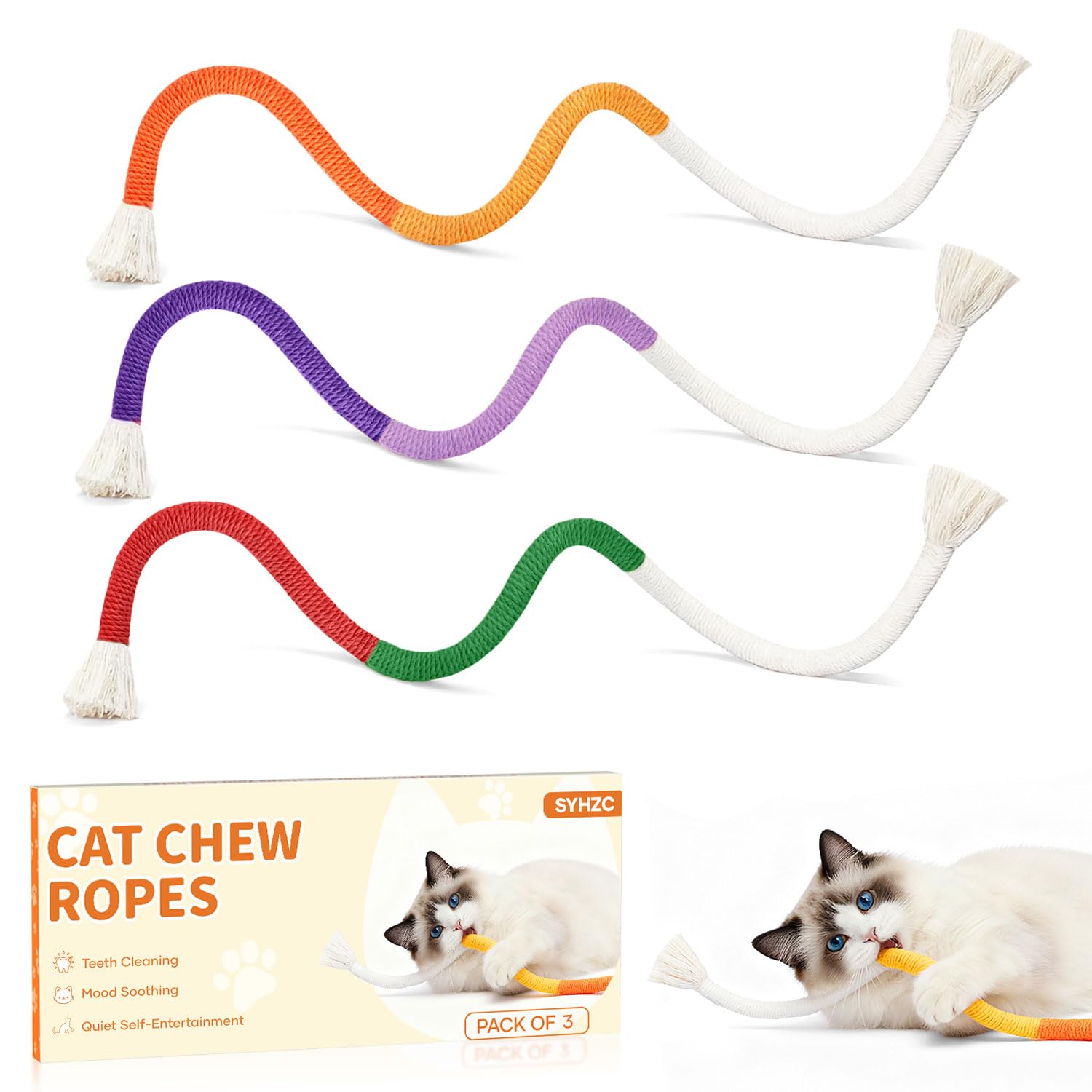 SYHZC Cat Chew Rope & Kitten Teething Toys – 3 Pack (27 Inch) | Safe Cotton Cat Chew Toy [No Small Parts] | Redirects Biting from Wires | Quiet Cat Teething Toy for Dental Health