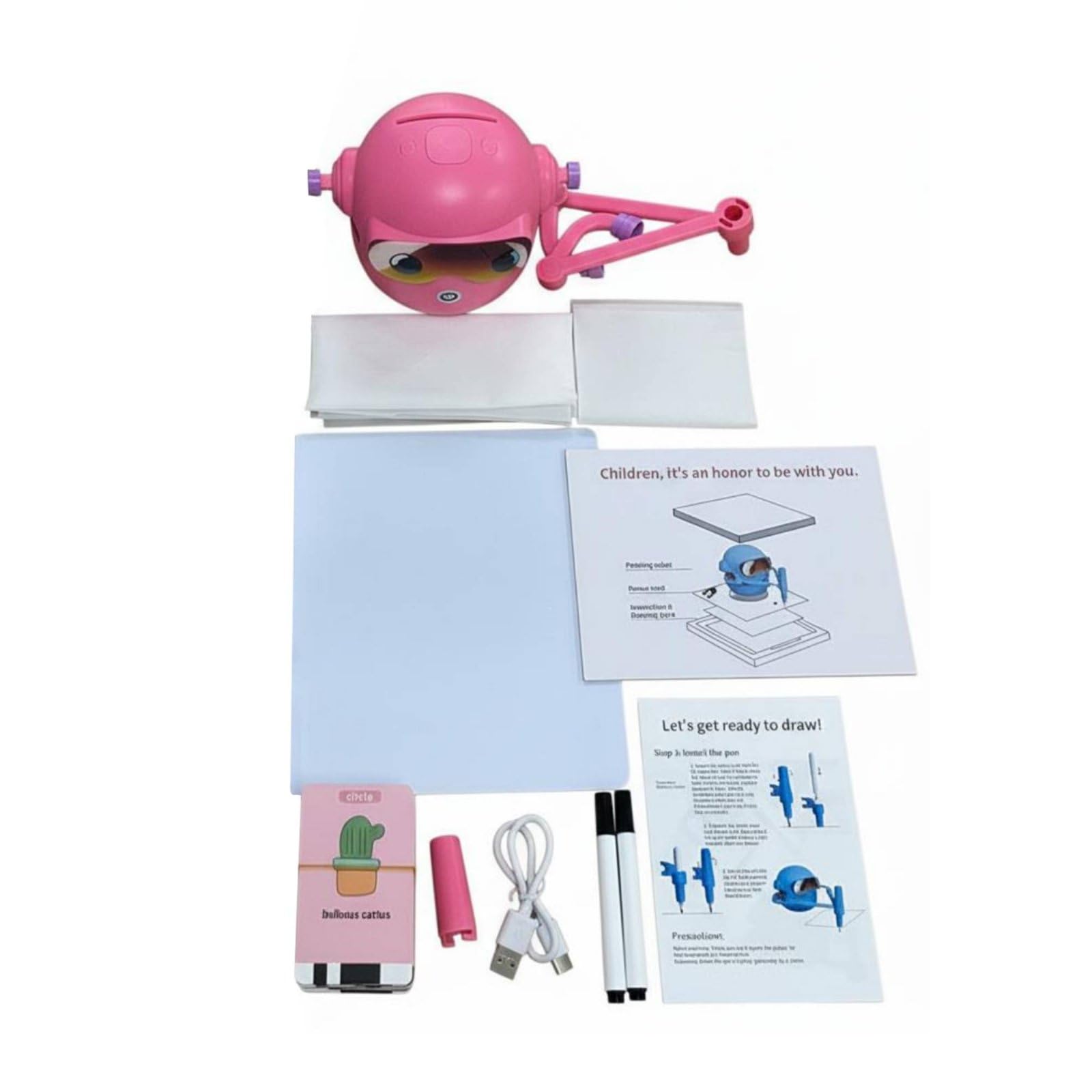 Robot da Disegno per Bambini Giocattolo Arte Interattiva Didattico Completo Lettura Rapida Carte 0.3s Motorizzati Pratica Del 100 Schede Incluse, Rosa, Senza Penne