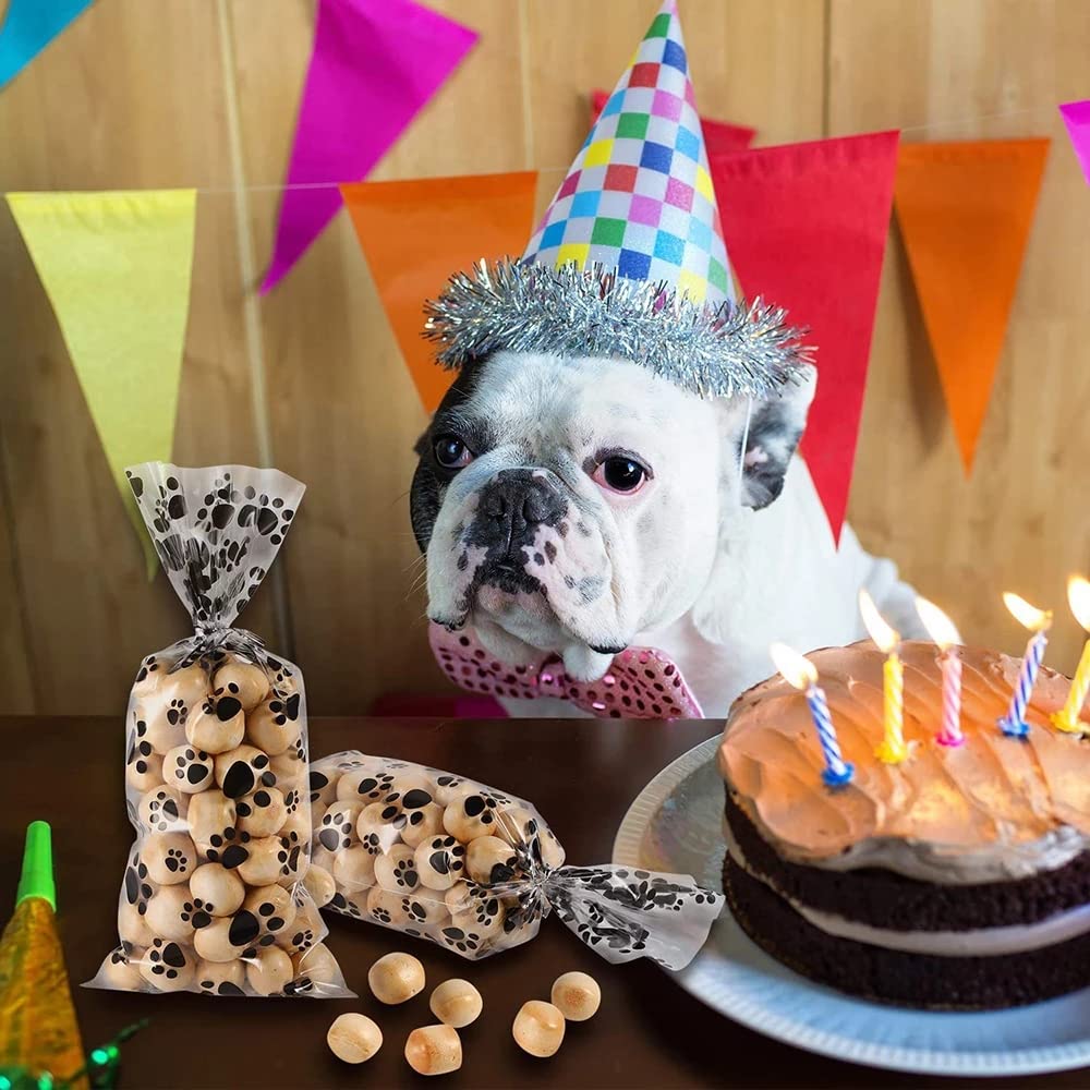 Pasimy 100 sacchetti regalo a forma di zampa di cane, in plastica, con manico, per feste di compleanno e feste di compleanno, colore nero trasparente