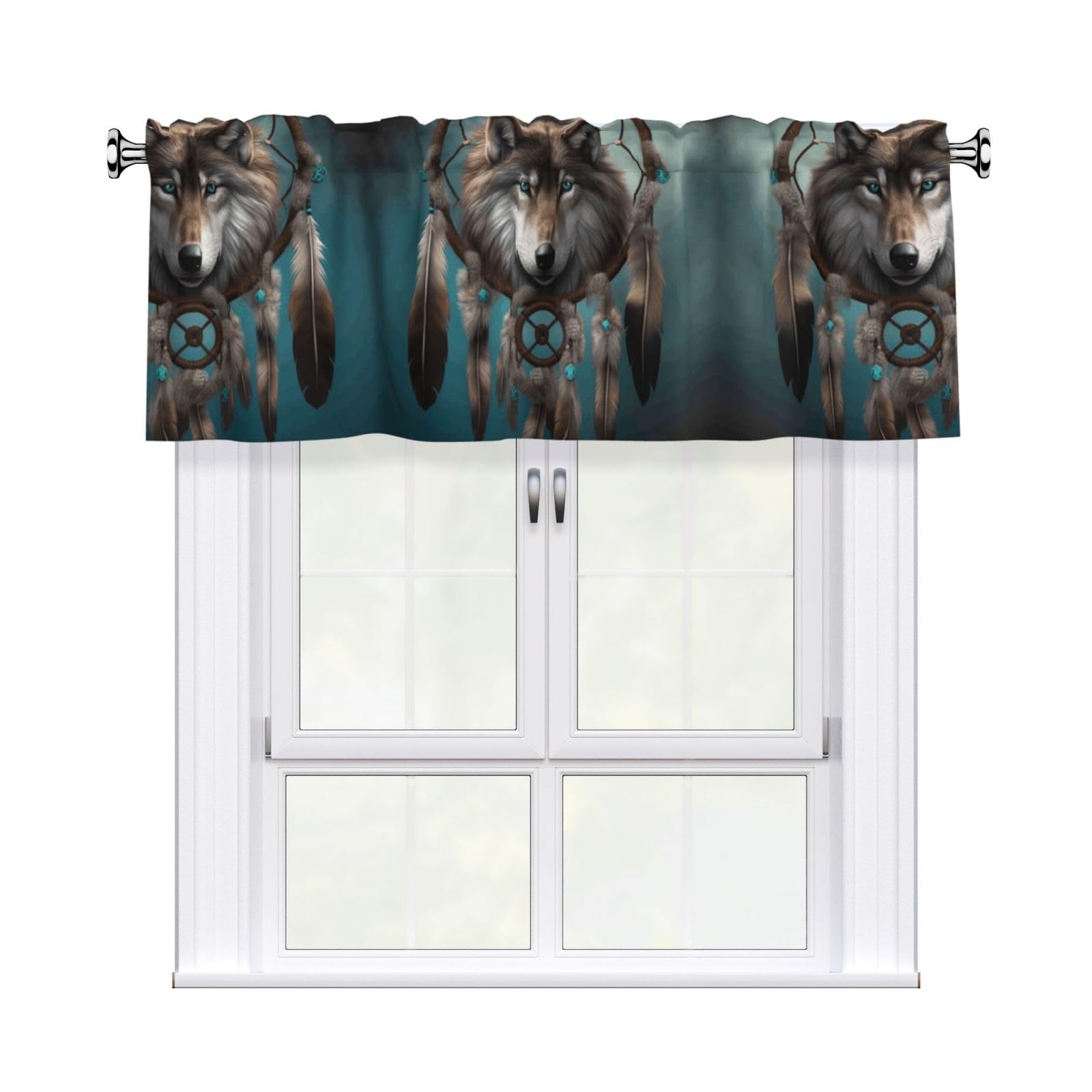 LMNGH 3D Wolf Dream Catcher Curtain Valance for Windows,Kitchen Window Curtains Blackout Drapes Window Treatments Decorative Rod Pocket Short Curtain for Living Room Bedroom,54" W x 18" L