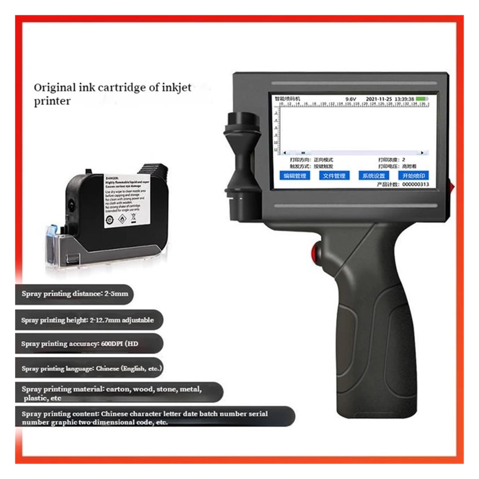 Intelligenter Handheld-Tintenstrahldrucker, kleine automatische Codiermaschine, Fließband, Etiketten, Verpackungsbeutel, QR-Code, Barcode, Logo-Drucker(Without Ink Cartridge)