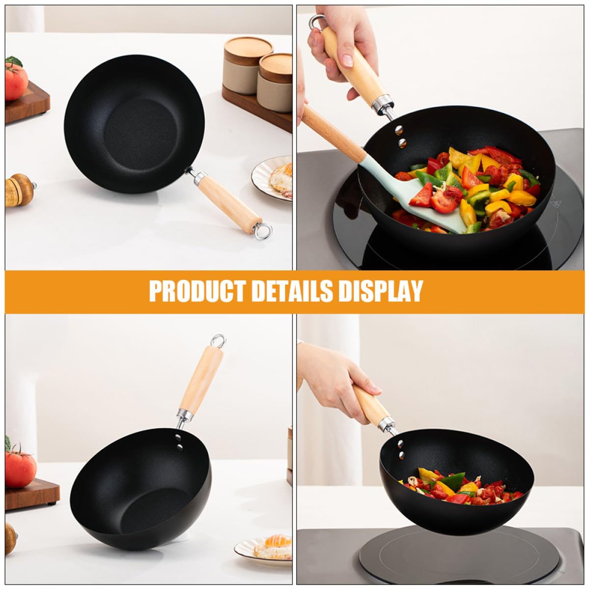 Amosfun Padella Wok Antiaderente in Acciaio Inox 22 Cm senza Coperchio con Manico Ergonomico in Legno, Mini Padella per Uova e Cottura Uniforme su Tutti i Fornelli, per Cucina Casalinga
