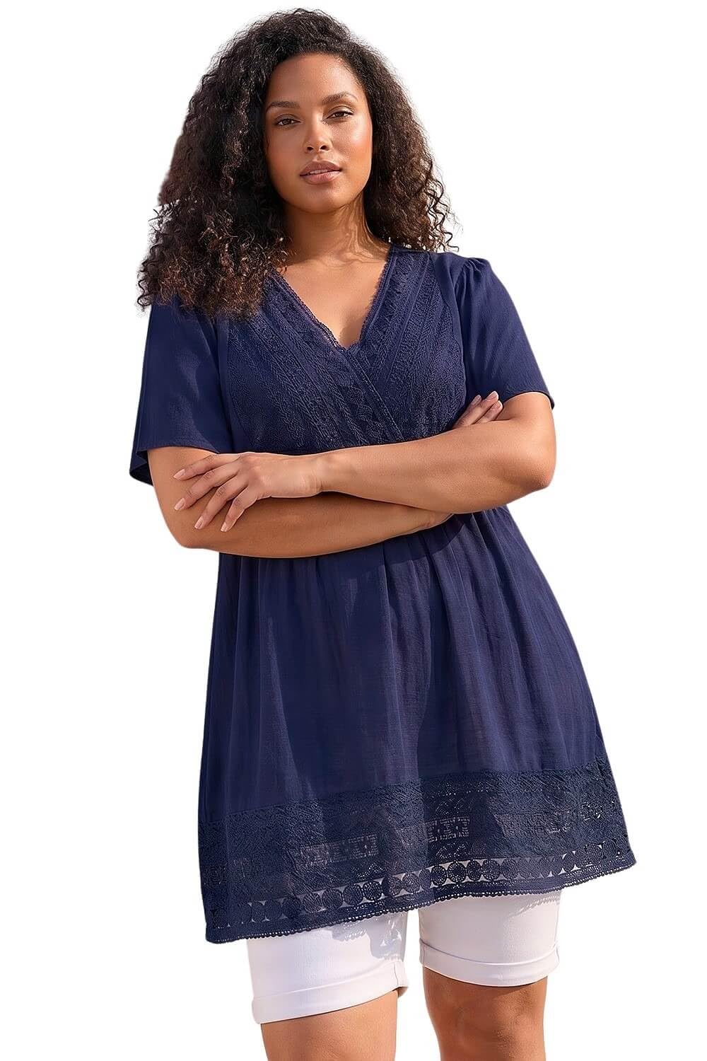 Roman Women's Navy Curve Lace Trim Stretch Top In | Size: 22/24